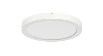 Eine runde, flache LED-Deckenleuchte in Weiß mit schlichtem, modernem Design.